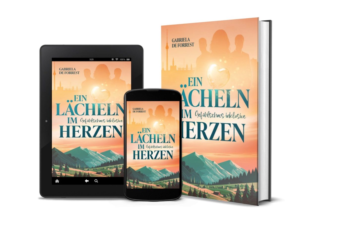 Buchcover von "Ein Lächeln im Herzen- Gefühlschaos inklusive" Ein Buchcover und zwei digitale Geräte mit dem Titel "Ein Lächeln in den Herzen- Gefühlschaos inklusive".